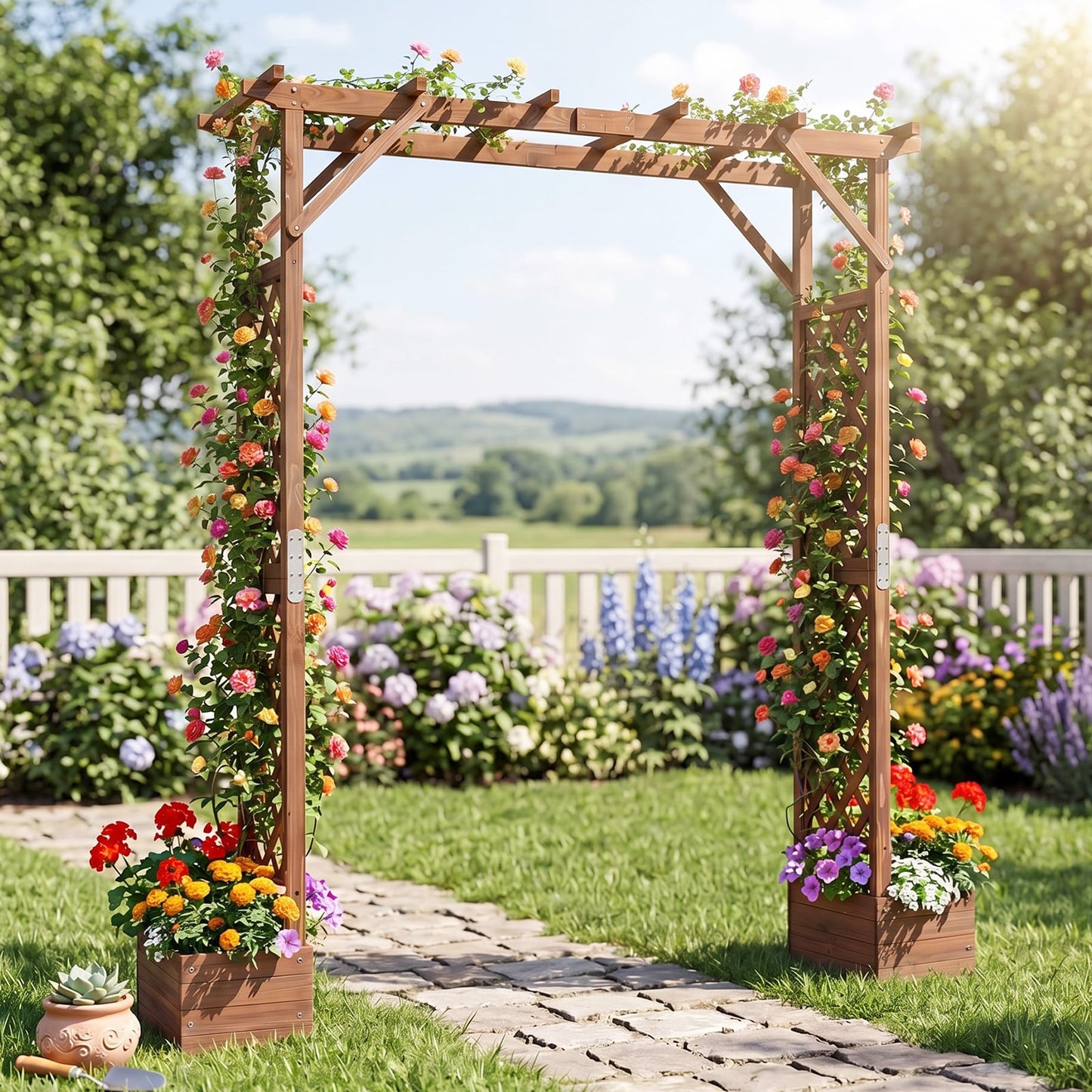 220cm Tall Wooden Garden Arbor with Planter Boxes and Hanging Roof-Orange
