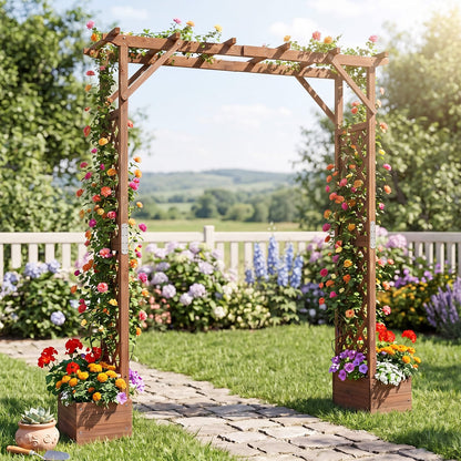 220cm Tall Wooden Garden Arbor with Planter Boxes and Hanging Roof-Orange