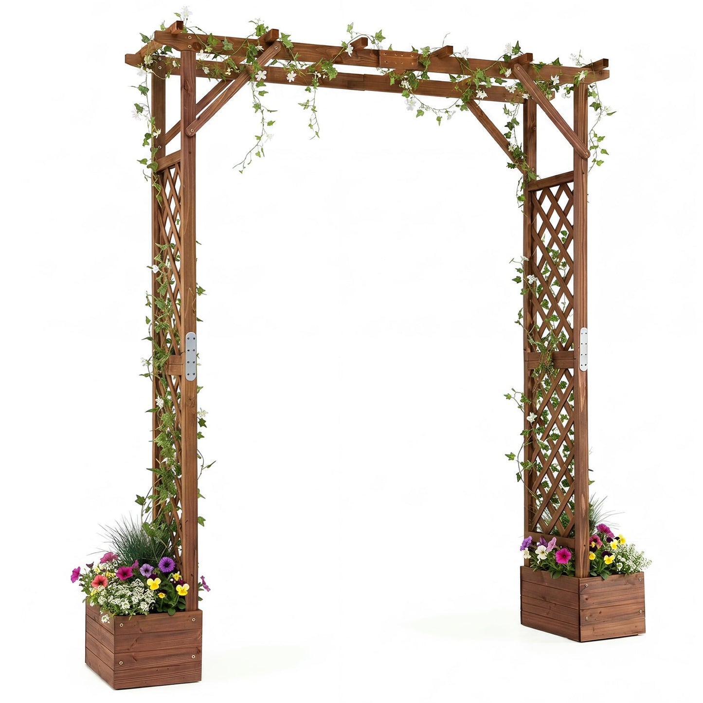 220cm Tall Wooden Garden Arbor with Planter Boxes and Hanging Roof-Orange