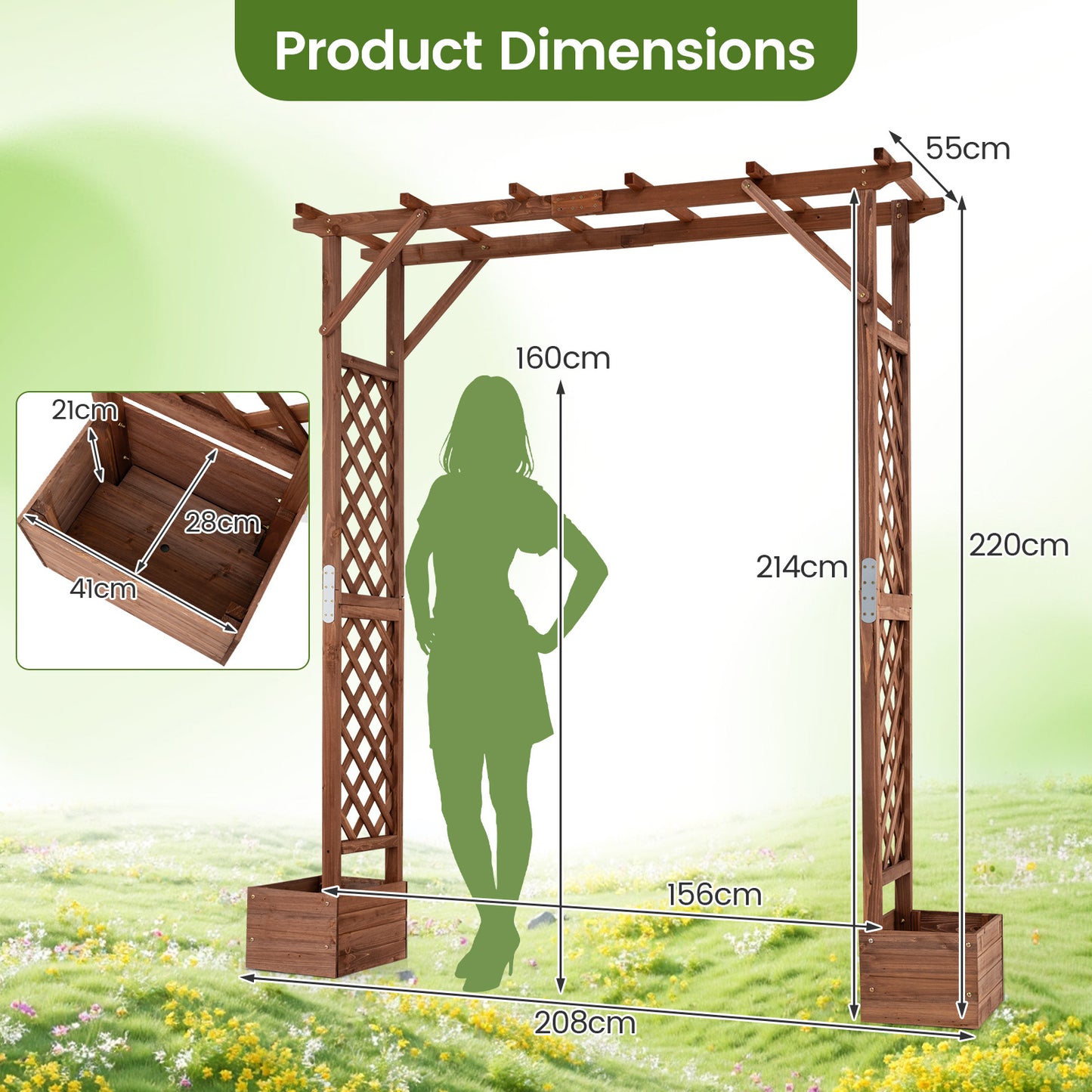220cm Tall Wooden Garden Arbor with Planter Boxes and Hanging Roof-Orange