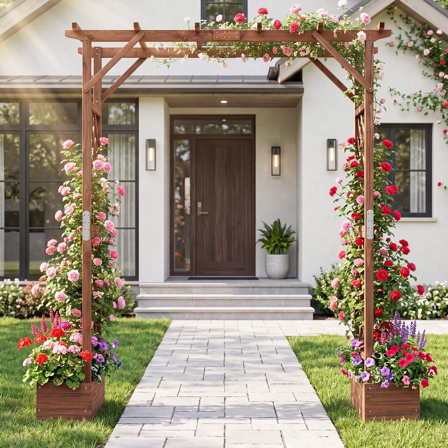 220cm Tall Wooden Garden Arbor with Planter Boxes and Hanging Roof-Orange