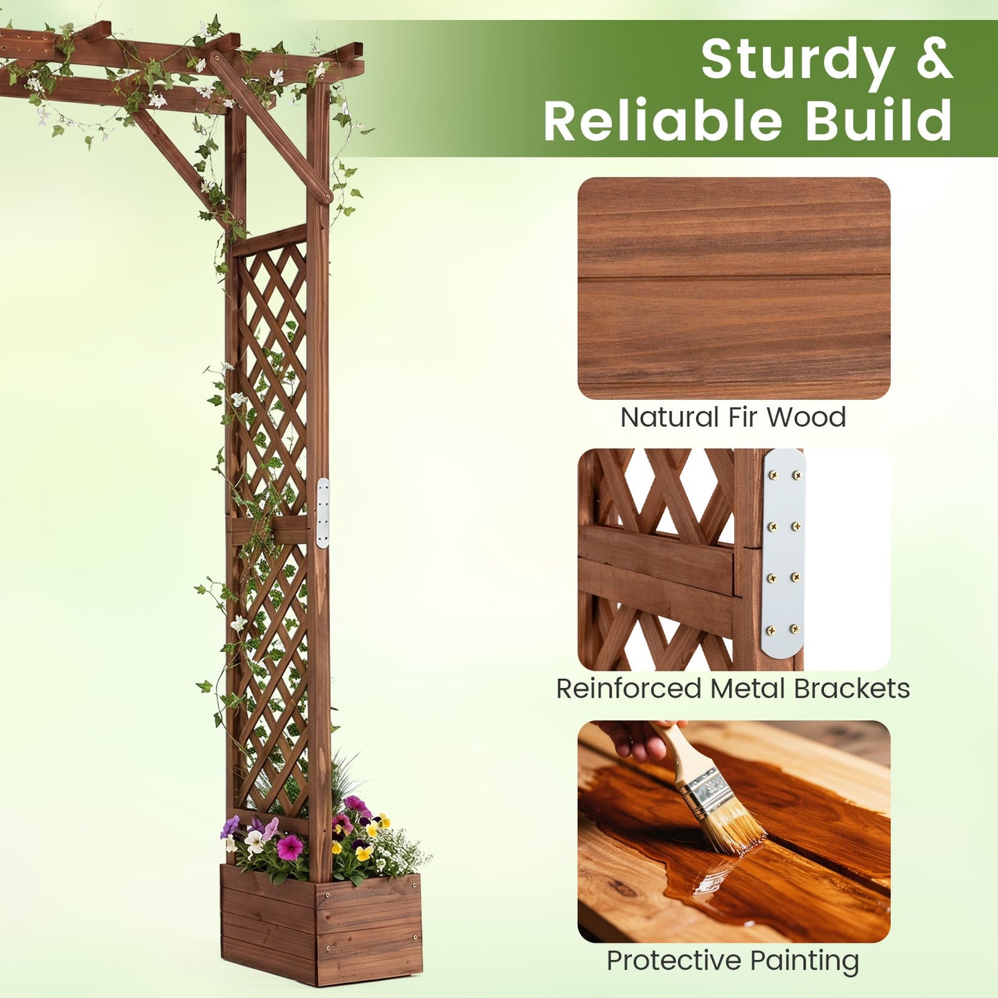 220cm Tall Wooden Garden Arbor with Planter Boxes and Hanging Roof-Orange
