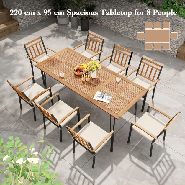 220 x 95cm Patio Dining Table Acacia Wood Tabletop with Umbrella Hole