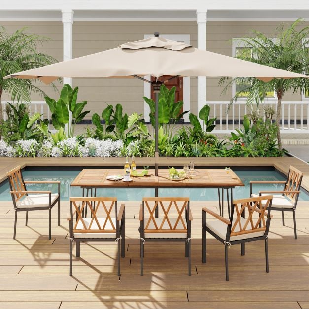 220 x 95cm Patio Dining Table Acacia Wood Tabletop with Umbrella Hole