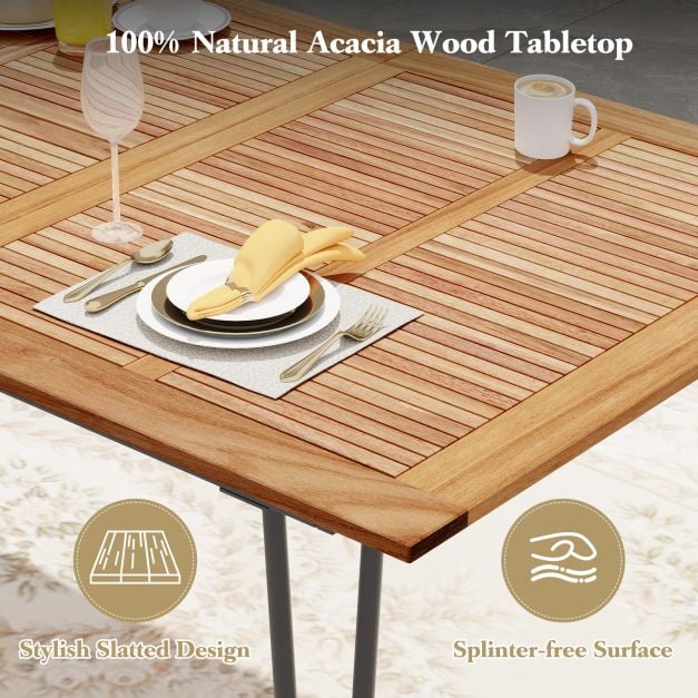 220 x 95cm Patio Dining Table Acacia Wood Tabletop with Umbrella Hole