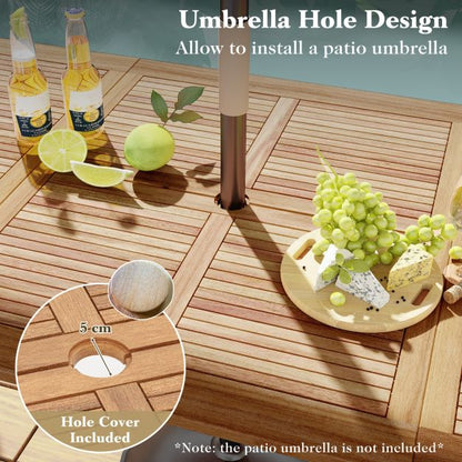 220 x 95cm Patio Dining Table Acacia Wood Tabletop with Umbrella Hole