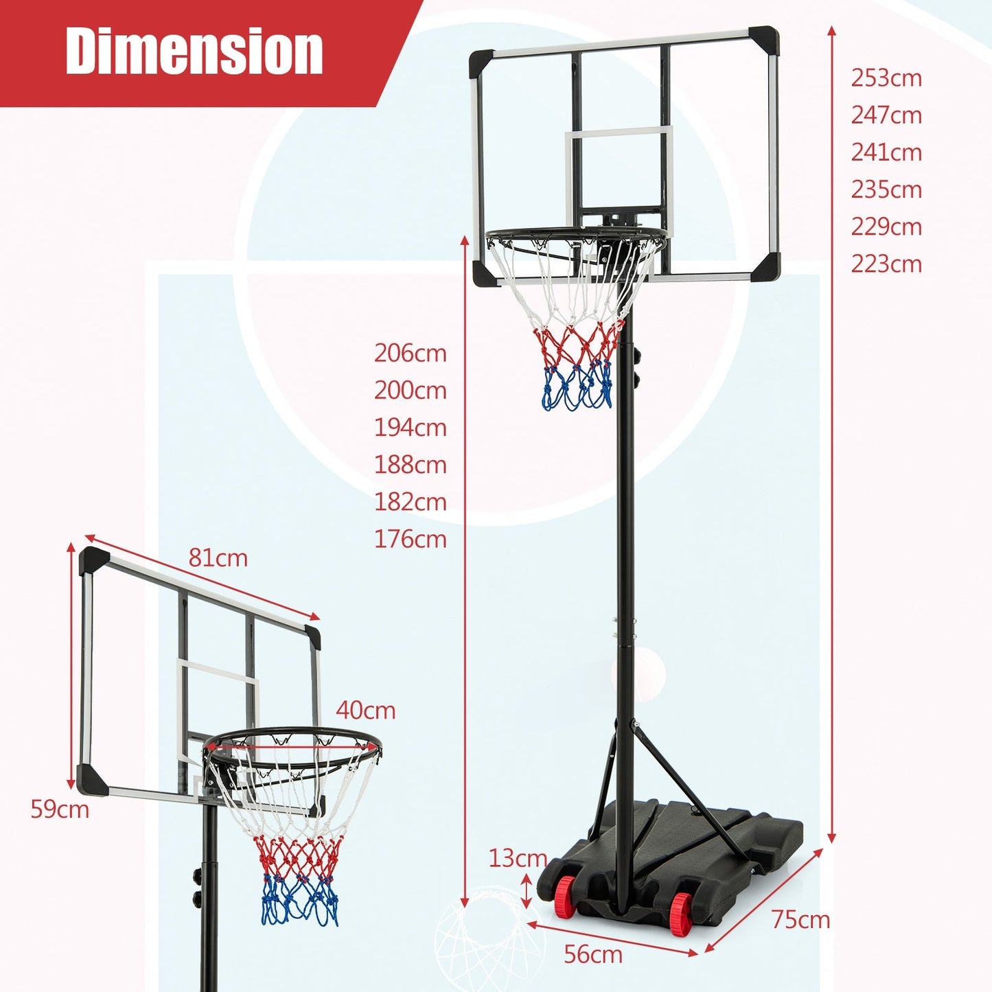 223-253 cm Portable Basketball Hoop with Front Wheels and Fillable Base