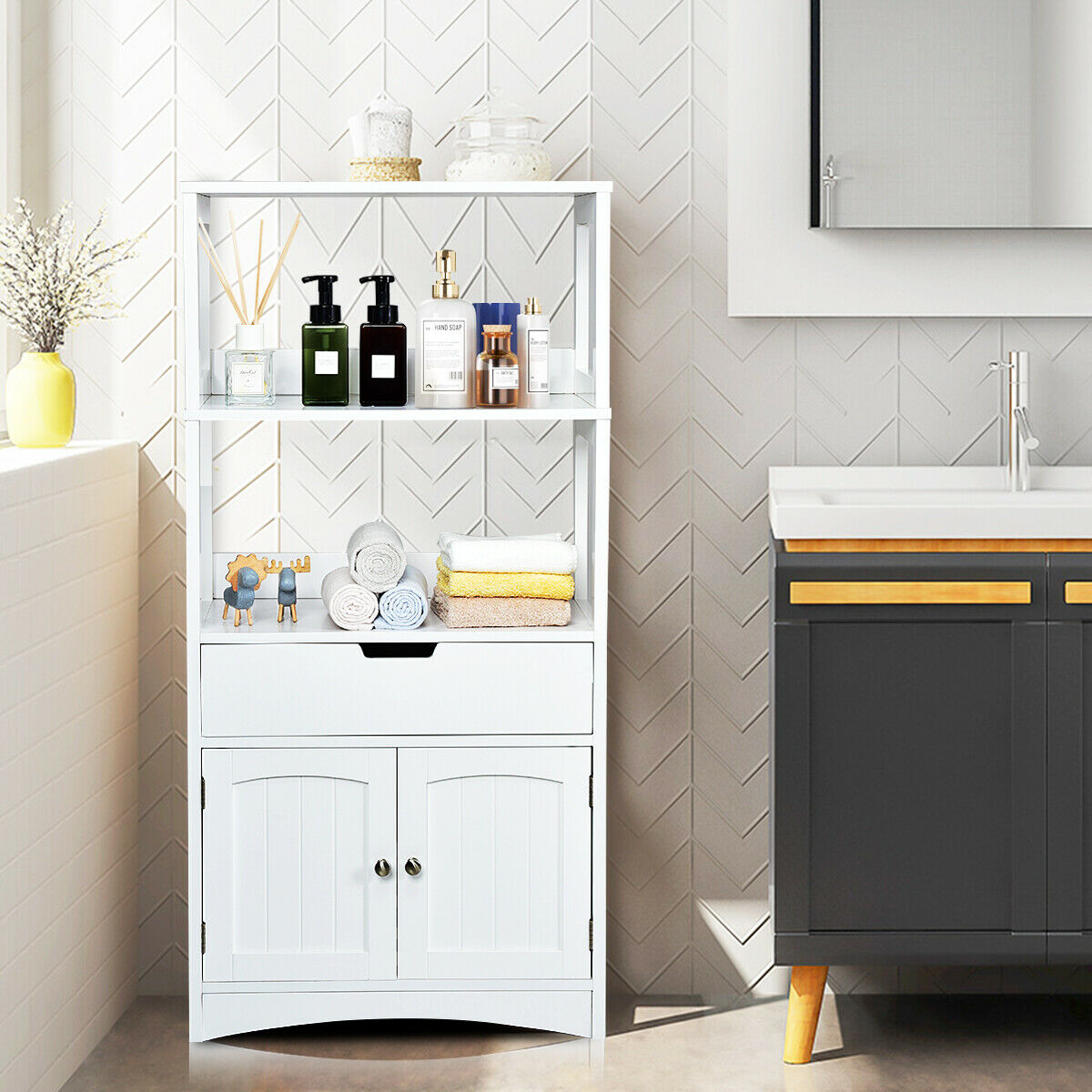 Freestanding Wooden Storage Cabinet with Open Shelves-White