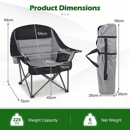 225 KG Heavy-Duty Metal Folding Upholstered Oxford Chair with Side Pockets and Cup Holder-Grey