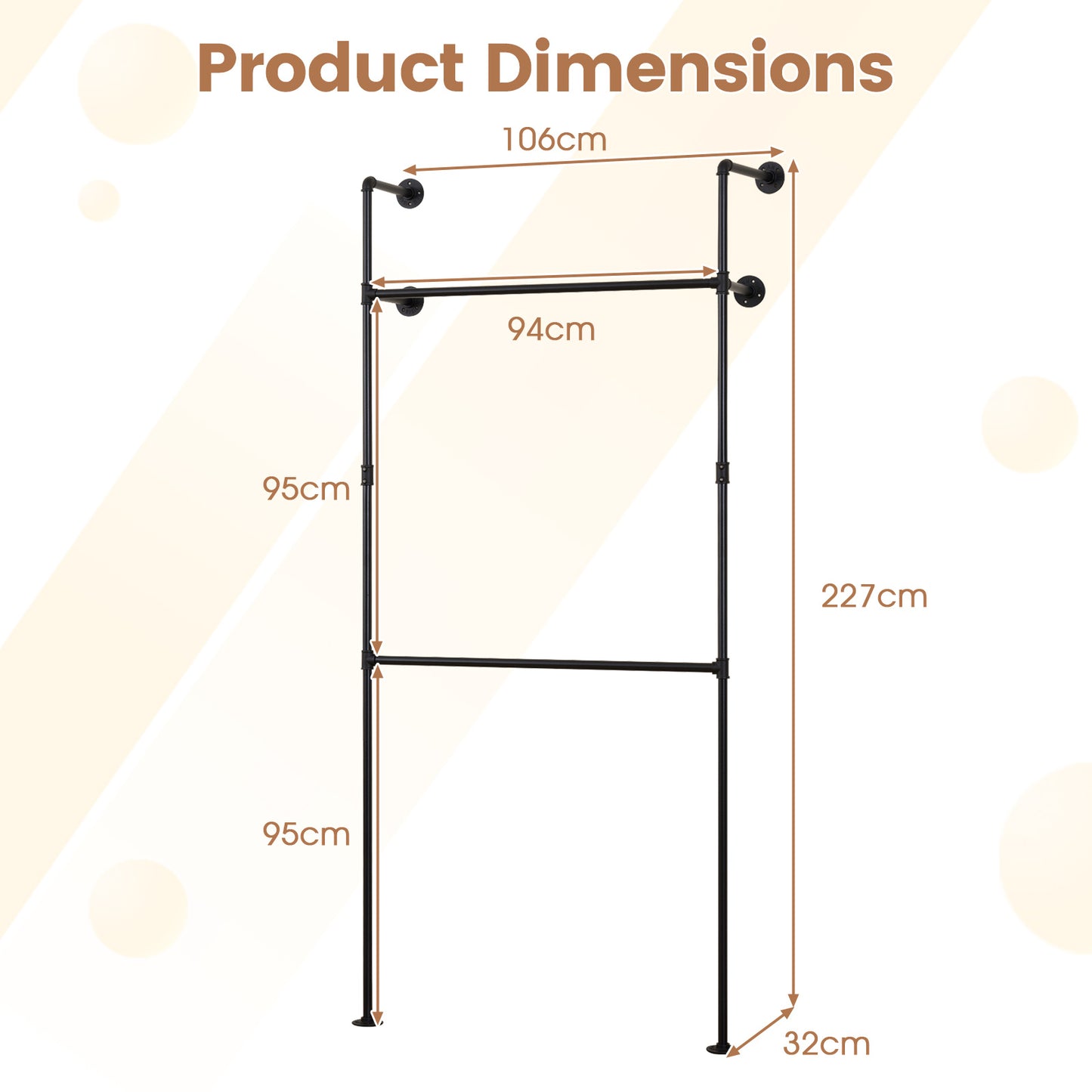 227CM Industrial Pipe Clothing Rack Wall Mounted Heavy-Duty Metal Garment Organizer-Black