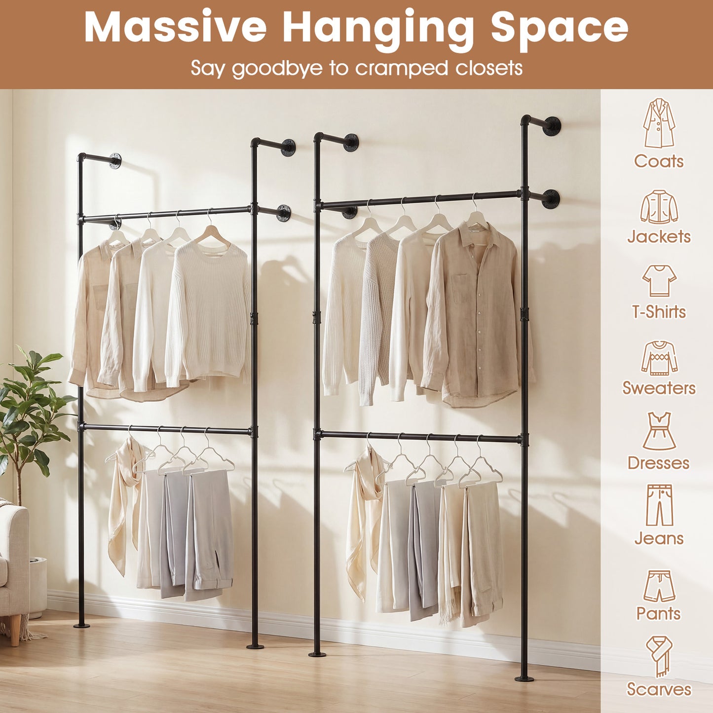 227CM Industrial Pipe Clothing Rack Wall Mounted Heavy-Duty Metal Garment Organizer-Black
