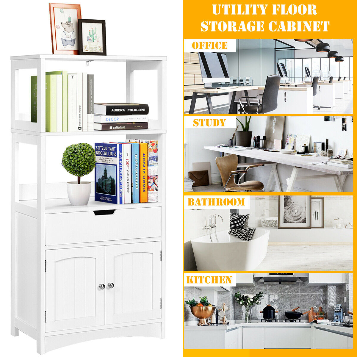 Freestanding Wooden Storage Cabinet with Open Shelves-White