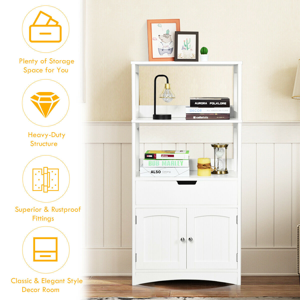 Freestanding Wooden Storage Cabinet with Open Shelves-White