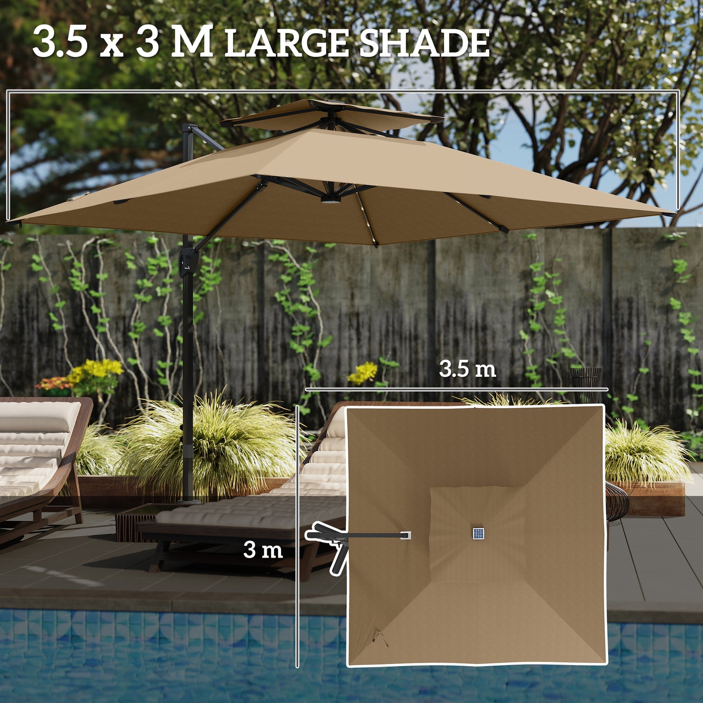 Outsunny 3.5x3 m Garden Cantilever Parasol with Solar LED Lights and Centre Light, UPF50+ Aluminium Patio Umbrella with 360√Ç¬∞ Rotation and Tilt, Hanging Sun Shade with Cross Base, Crank Handle, Khaki