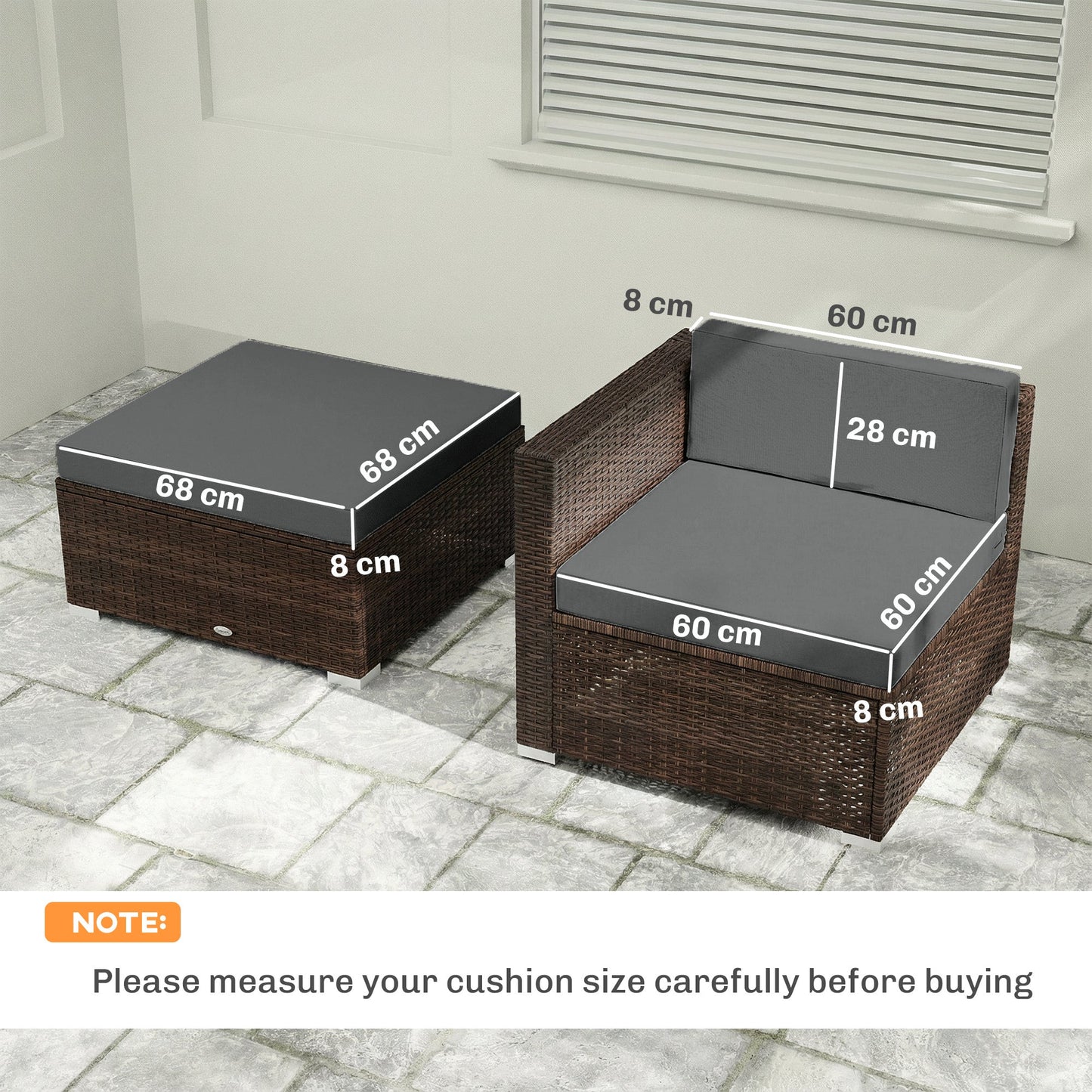 Outsunny 7-Piece Patio Furniture Cushions, Outdoor Loveseat Cushion with Removable Covers for Rattan Furniture, 60x60 cm, Dark Grey