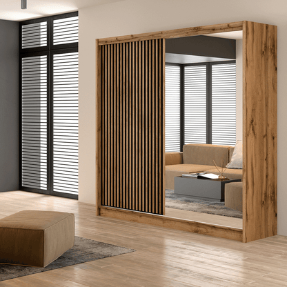 Oak Wotan / Black Mirrored Sliding Door Wardrobe 203cm – WINDSOR