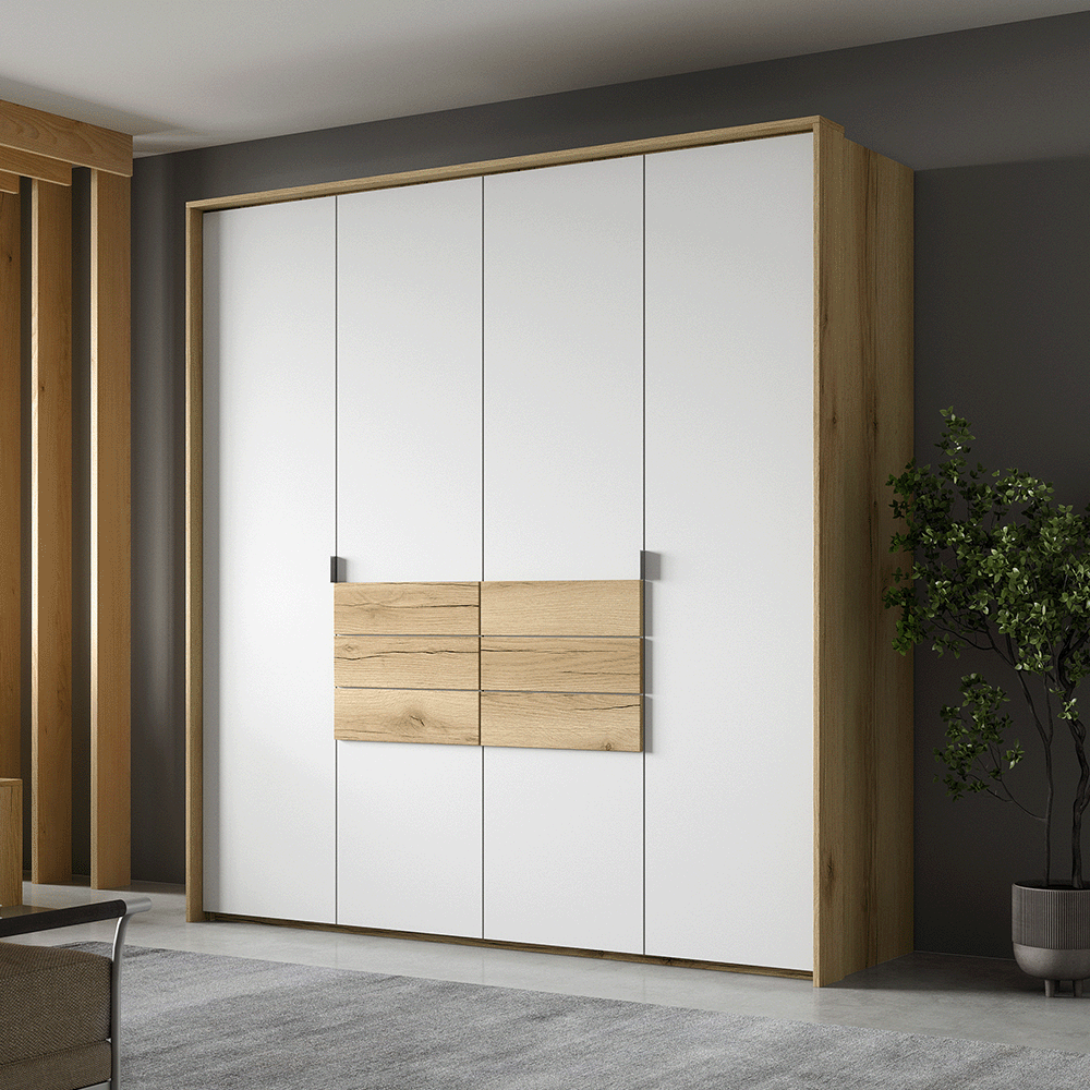 Grand Natural Oak / White Hinged Door Wardrobe 208cm –  TRENTON