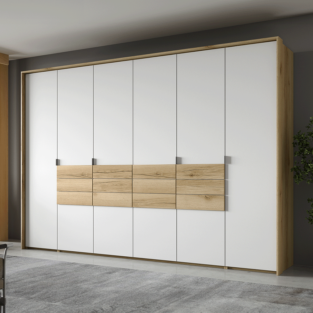 Grand Natural Oak / White Hinged Door Wardrobe 310cm –  TRENTON