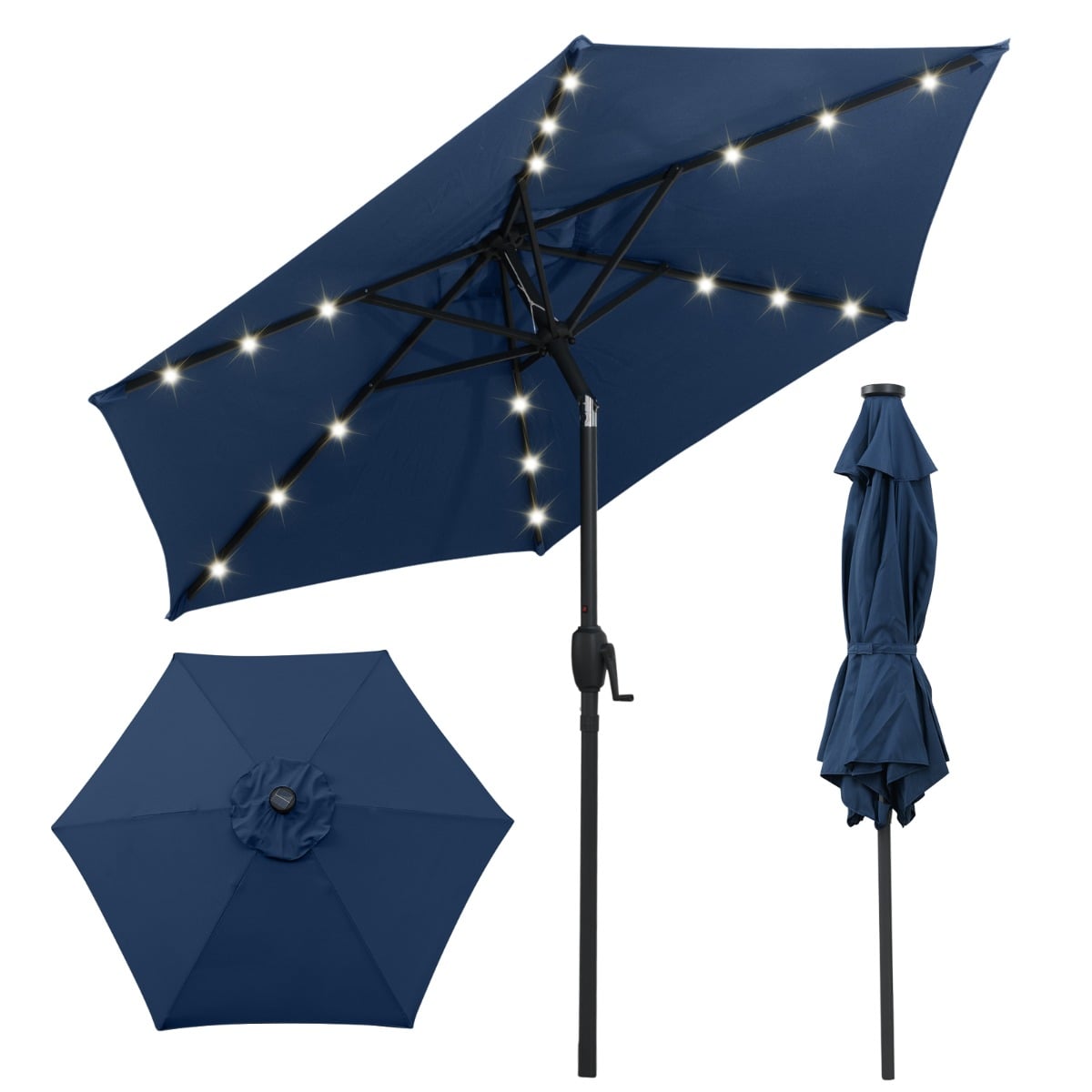 230 cm Solar Powered Patio Umbrella with LED Lights Push Button Tilt and Crank Handle-Navy