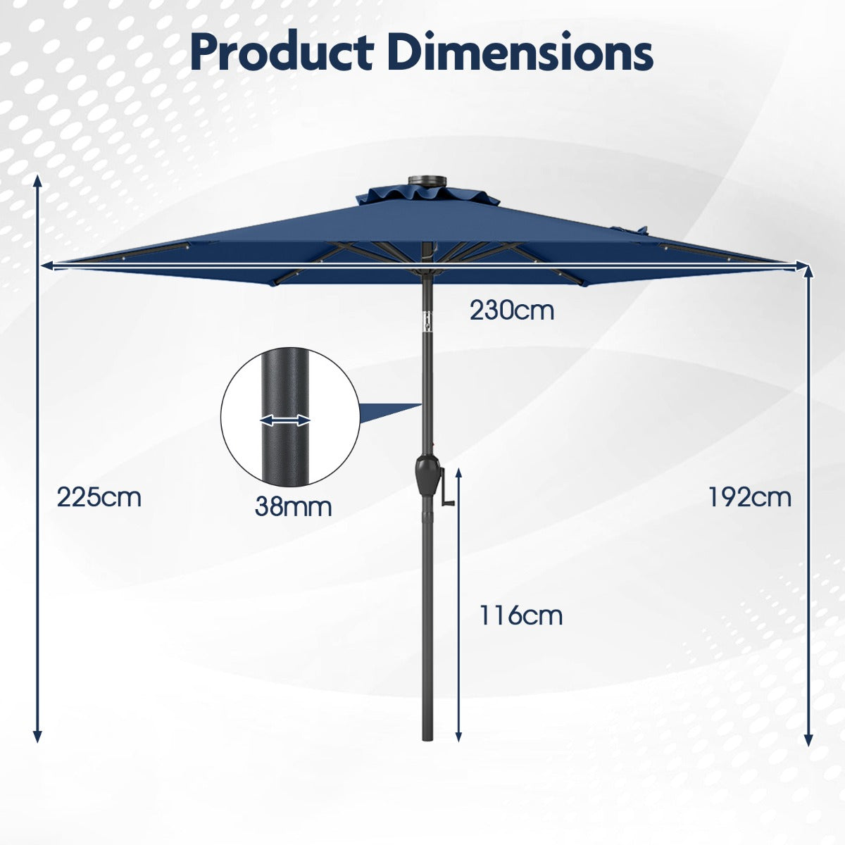 230 cm Solar Powered Patio Umbrella with LED Lights Push Button Tilt and Crank Handle-Navy