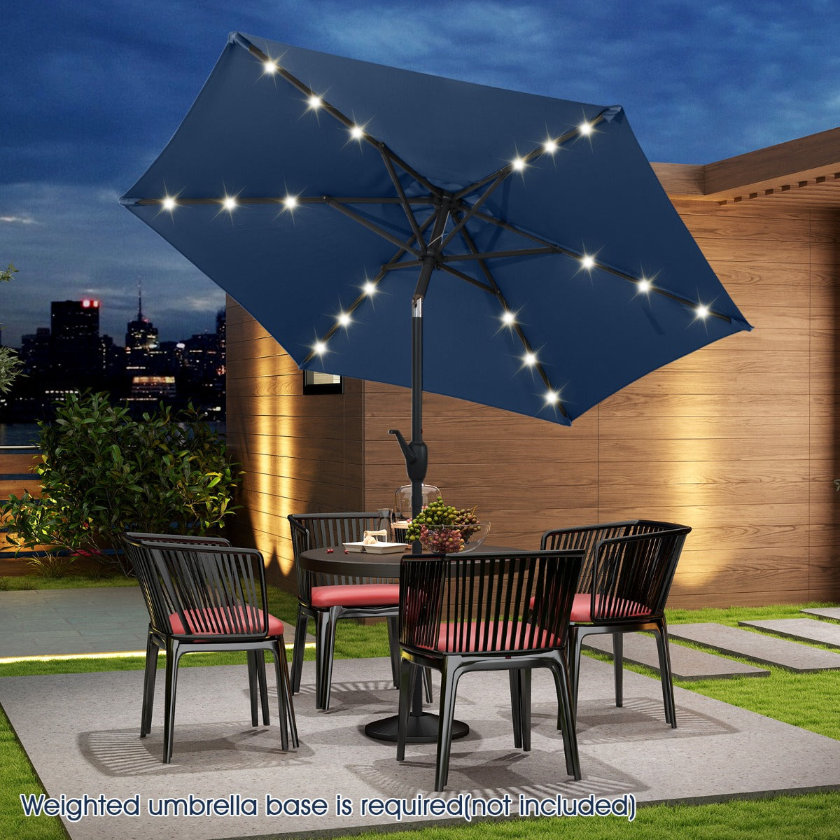 230 cm Solar Powered Patio Umbrella with LED Lights Push Button Tilt and Crank Handle-Navy