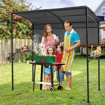 Outdoor Patio BBQ Canopy with Metal Shelves and Hooks-Grey