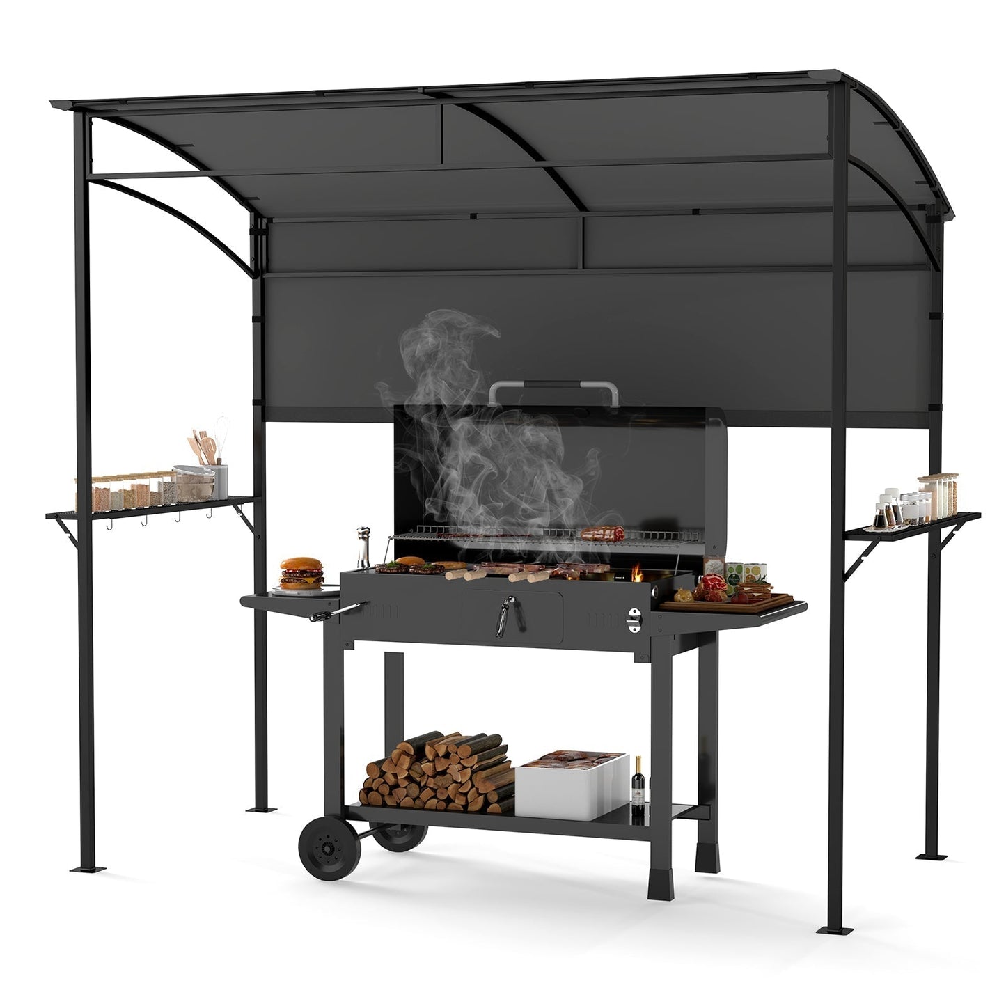 Outdoor Patio BBQ Canopy with Metal Shelves and Hooks-Grey