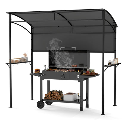 Outdoor Patio BBQ Canopy with Metal Shelves and Hooks-Grey