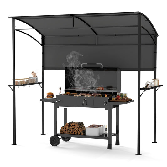 Outdoor Patio BBQ Canopy with Metal Shelves and Hooks-Grey