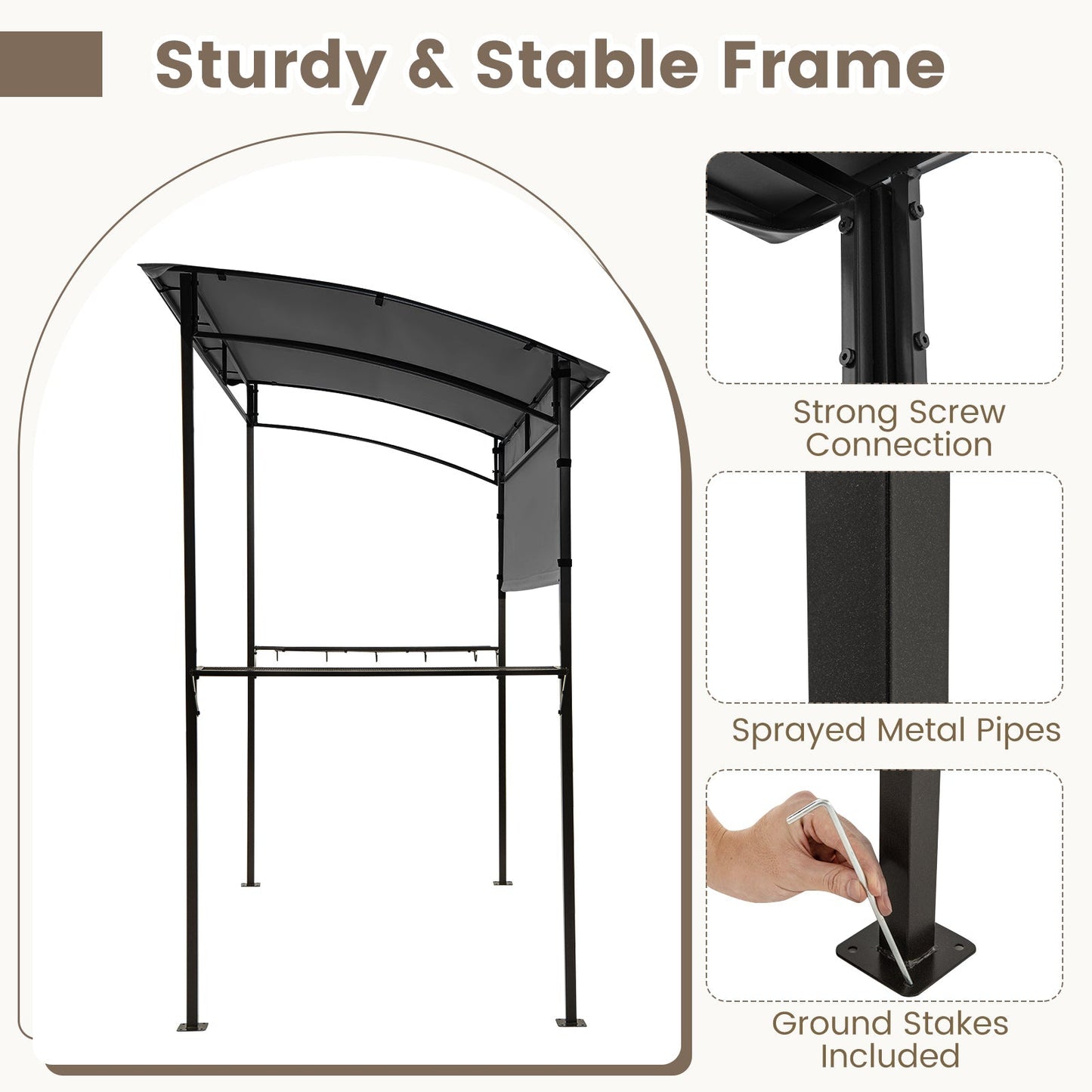 Outdoor Patio BBQ Canopy with Metal Shelves and Hooks-Grey