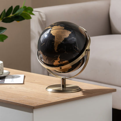23CM Metallic Black World Globe with Metal Stand-Golden