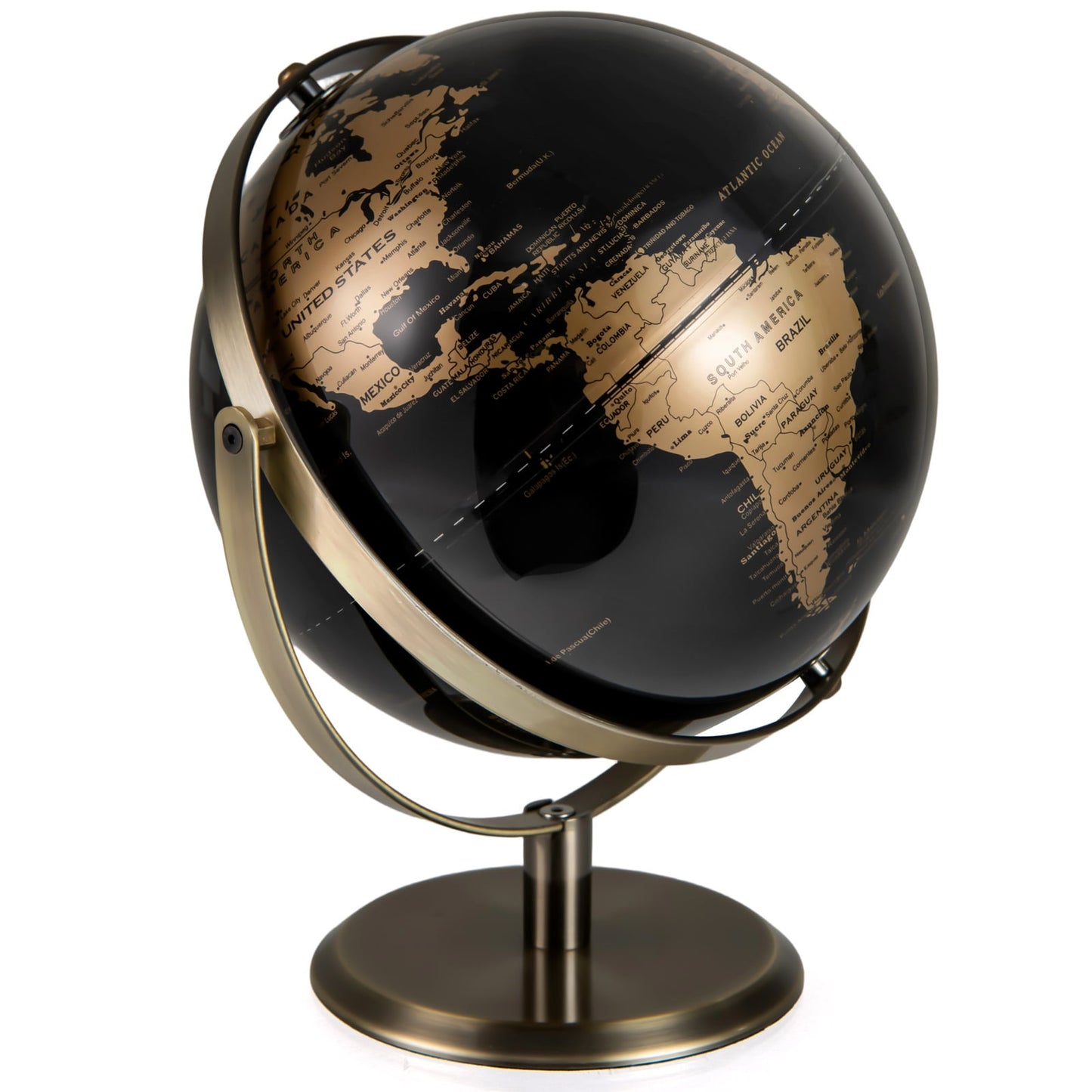 23CM Metallic Black World Globe with Metal Stand-Golden