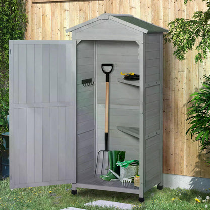 Outsunny Wooden Garden Shed, Outdoor Storage Cabinet with 2 Shelves and Hooks, Locking Organiser Outdoor Narrow Tool House, 74x55x155cm, Grey