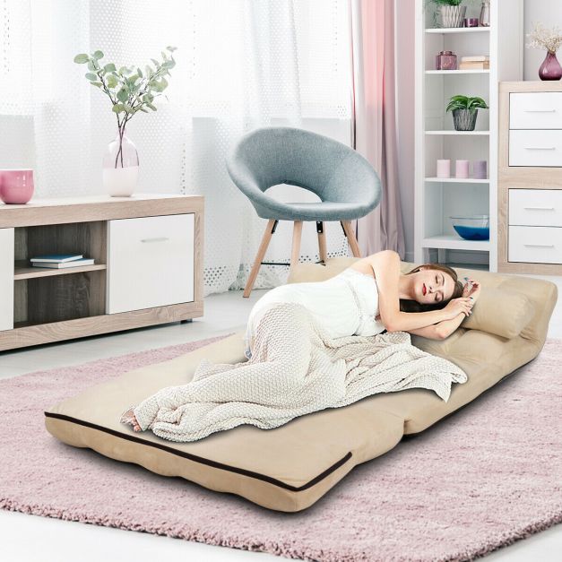 2 in 1 Folding Floor Lazy Sofa Bed with 6 Adjustable Seat Positions and 2 Pillows-Beige