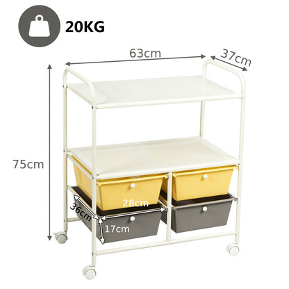 Utility Organiser Cart with 4 Plastic Drawers-Yellow