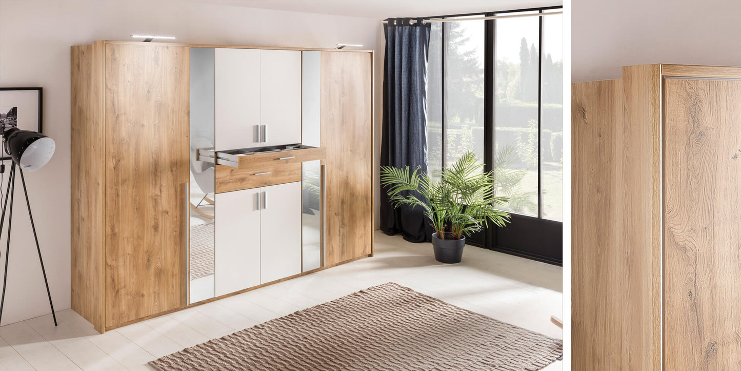 Odense 6 Door Mirrored Wardrobe - White And Planked Oak