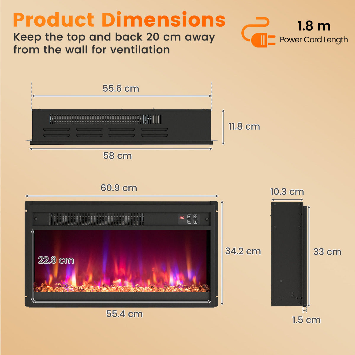 23 Inch Electric Fireplace Insert with Remote Control and Adjustable Flame-Black