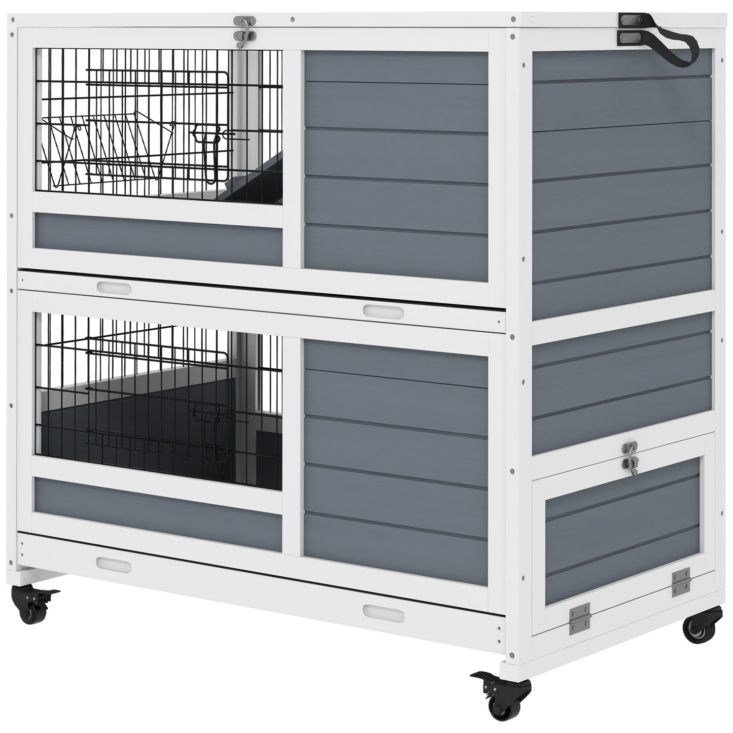 PawHut Double Deckers Guinea Pig Cage Rabbit Hutch Indoor with Feeding Trough, Trays, Ramps, Openable Top - Grey