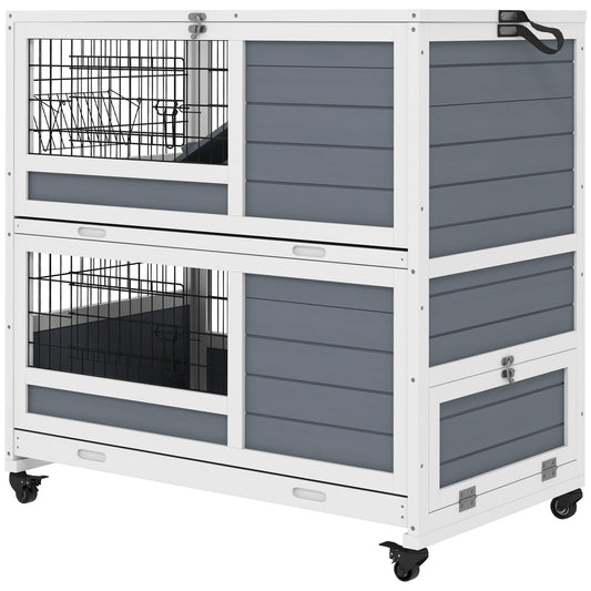 PawHut Double Deckers Guinea Pig Cage Rabbit Hutch Indoor with Feeding Trough, Trays, Ramps, Openable Top - Grey