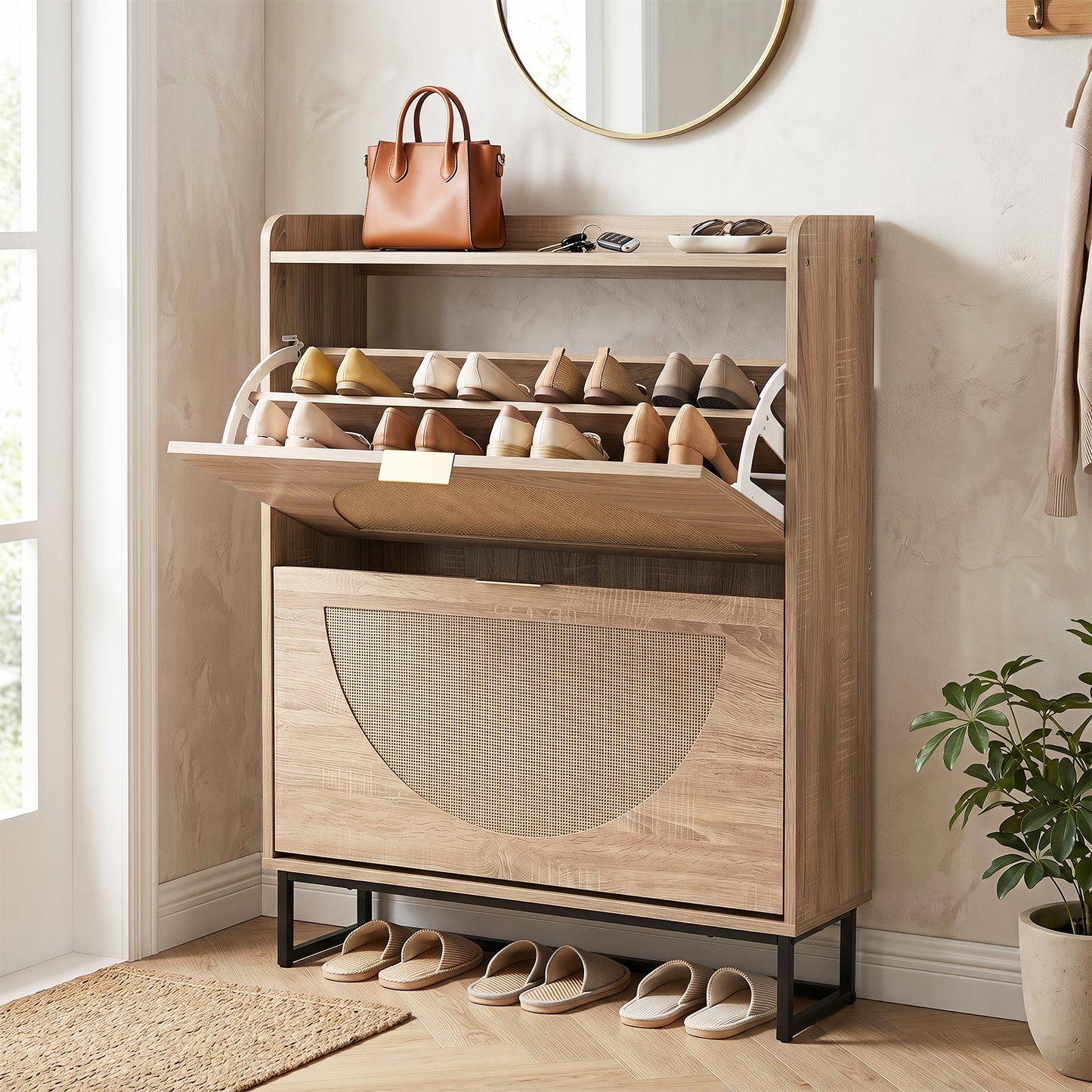 24 CM Narrow Shoe Storage Cabinet with 2 Flip Drawers-Natrual