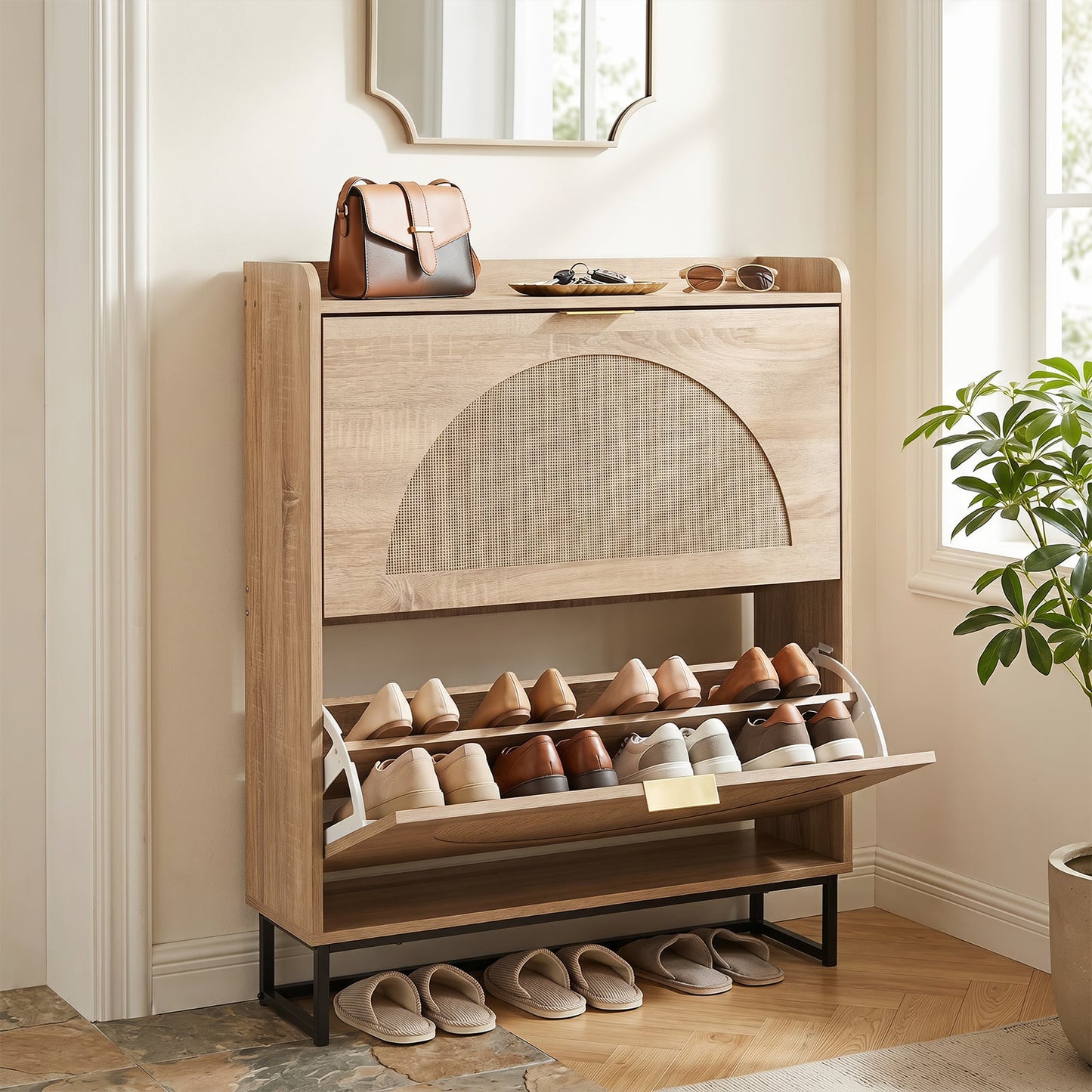 24 CM Narrow Shoe Storage Cabinet with 2 Flip Drawers-Natrual