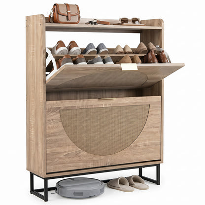 24 CM Narrow Shoe Storage Cabinet with 2 Flip Drawers-Natrual