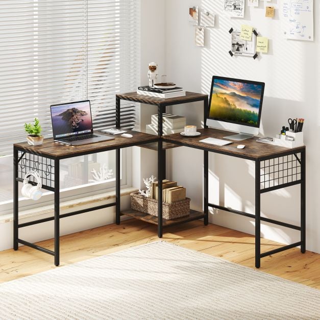 240 cm Long Convertible 2-Person Desk with Printer Stand and Adjustable Shelf-Rustic Brown