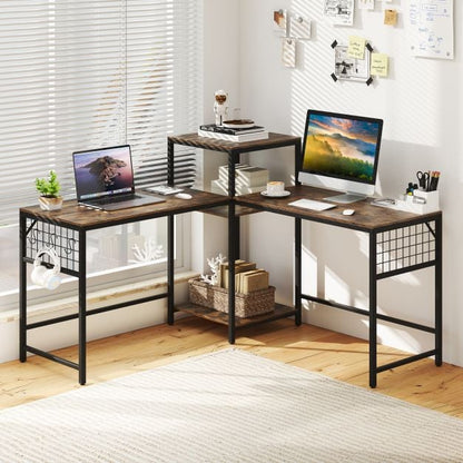 240 cm Long Convertible 2-Person Desk with Printer Stand and Adjustable Shelf-Rustic Brown