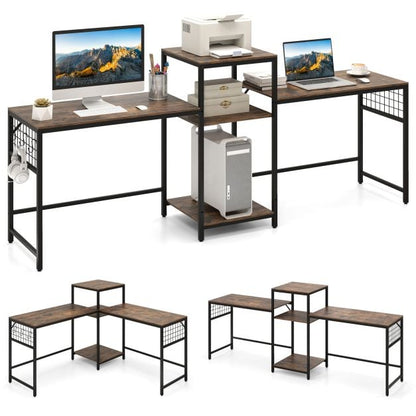 240 cm Long Convertible 2-Person Desk with Printer Stand and Adjustable Shelf-Rustic Brown