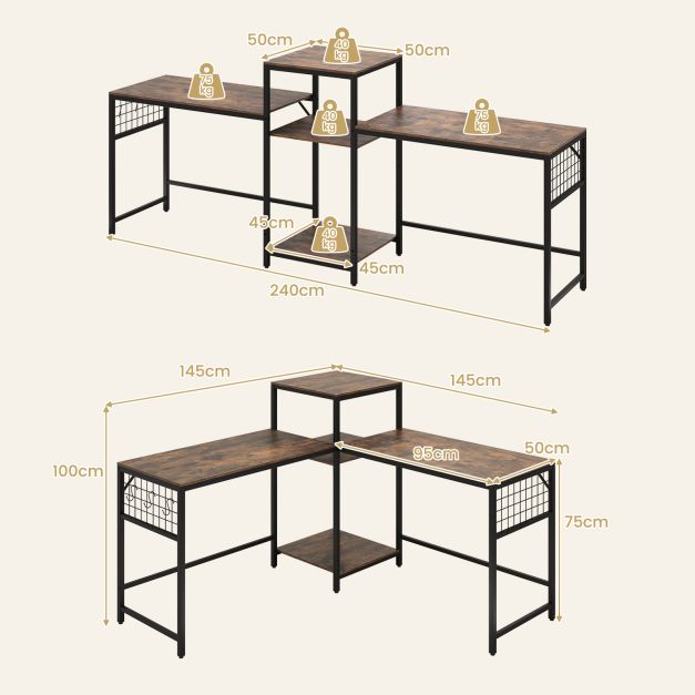 240 cm Long Convertible 2-Person Desk with Printer Stand and Adjustable Shelf-Rustic Brown