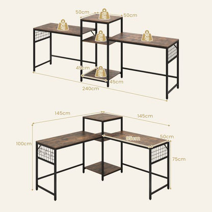 240 cm Long Convertible 2-Person Desk with Printer Stand and Adjustable Shelf-Rustic Brown