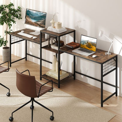240 cm Long Convertible 2-Person Desk with Printer Stand and Adjustable Shelf-Rustic Brown