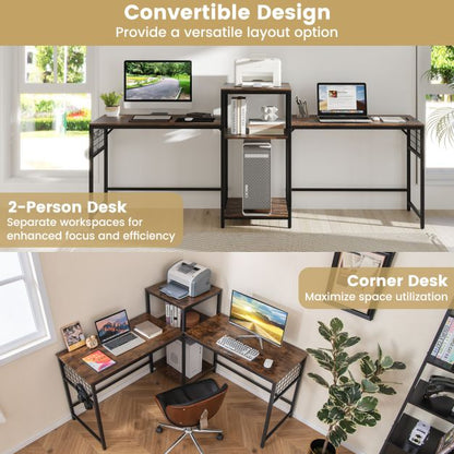 240 cm Long Convertible 2-Person Desk with Printer Stand and Adjustable Shelf-Rustic Brown