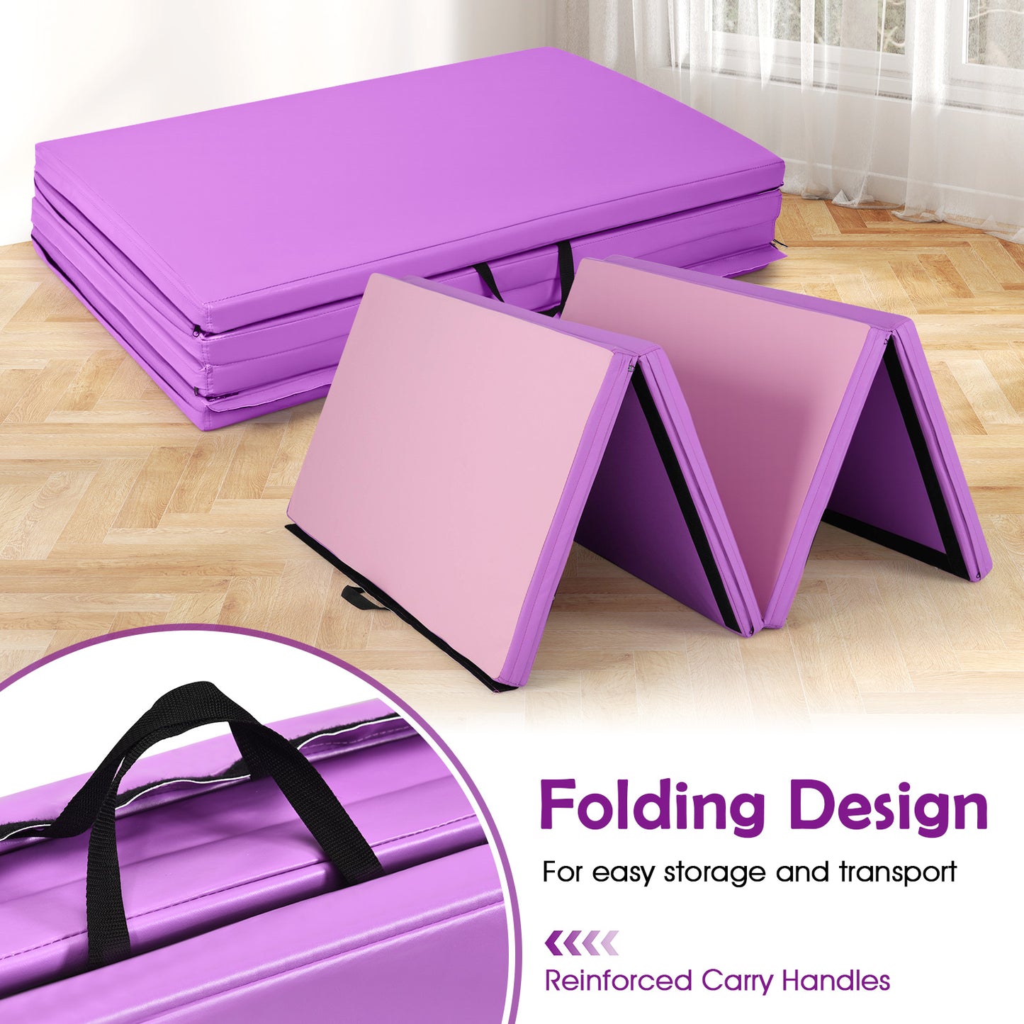 240 x 116 x 5 cm Folding Soft Floor Mat with Carry Handles and Hook & Loop Fasteners-Pink & Purple